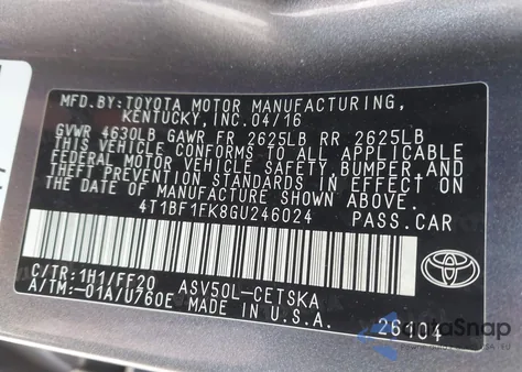 2016 Toyota Camry Se from USA, damaged, VIN 4T1BF1FK8GU246024